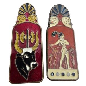Vintage AOE Enamel Brass Clips Egyptian Cretan Bull Design, Set of 2
